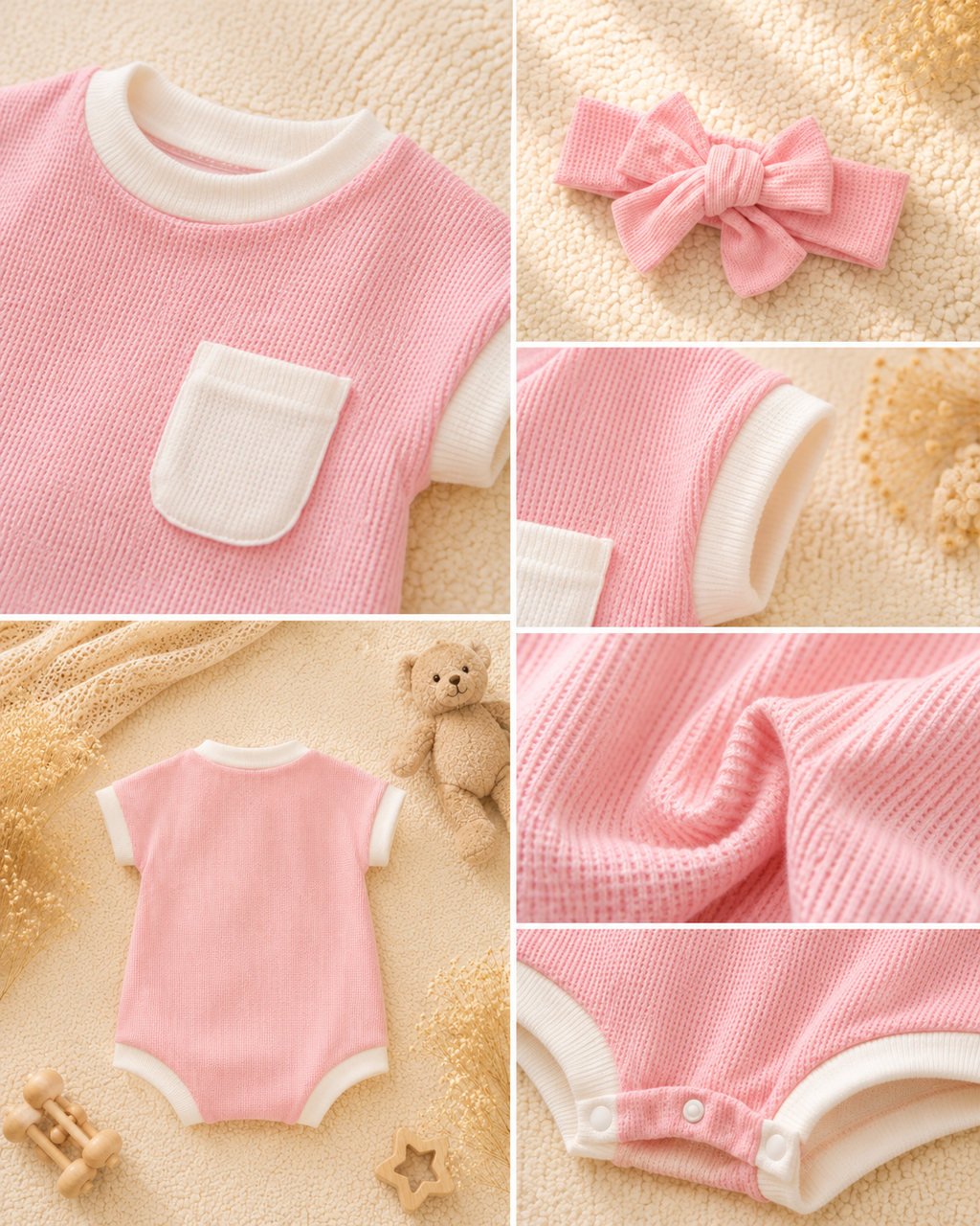 Baby Waffle Knit Romper & Bow Headband Set | Soft Cotton Short Sleeve Outfit