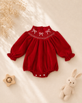 Embroidered Bow Bubble Romper | Deep Red Long Sleeve Baby Outfit