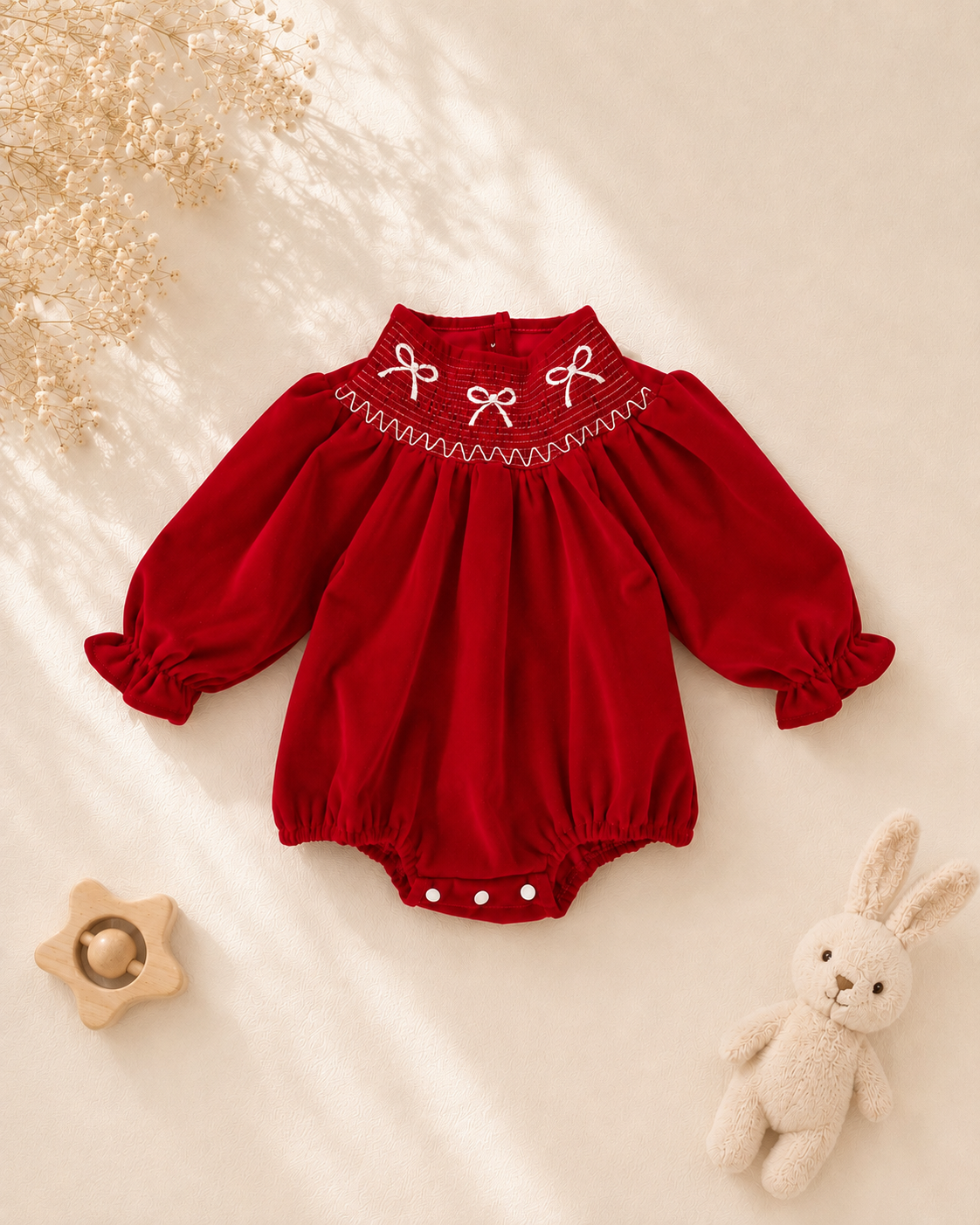 Embroidered Bow Bubble Romper | Deep Red Long Sleeve Baby Outfit