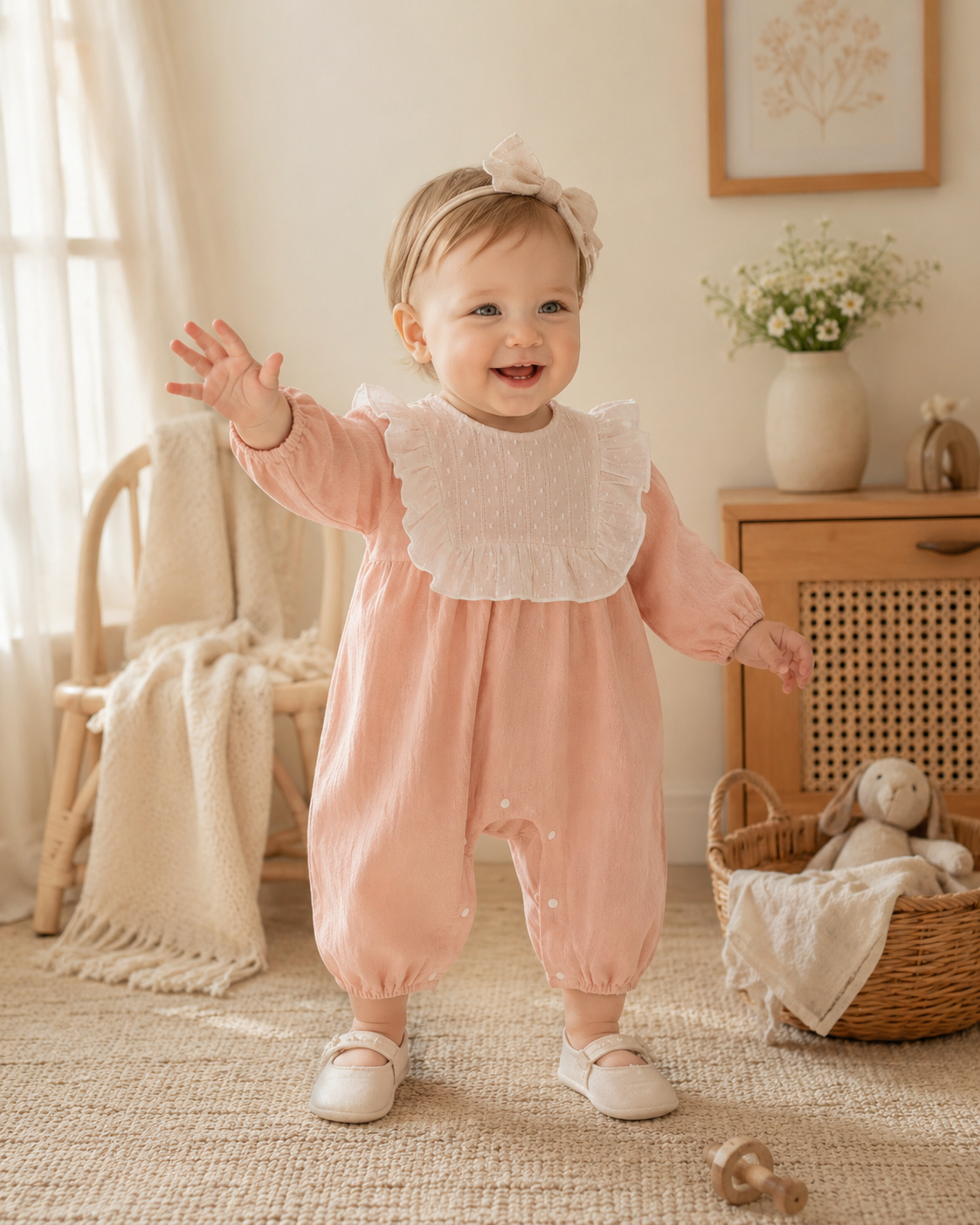 Vintage Pink Cotton Baby Romper with Ruffle Collar