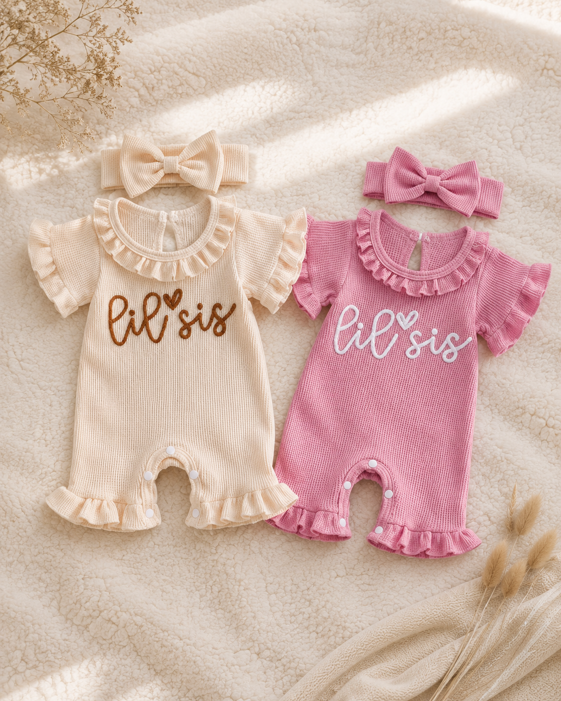 Lil Sis Waffle Knit Ruffle Romper Set with Matching Headband
