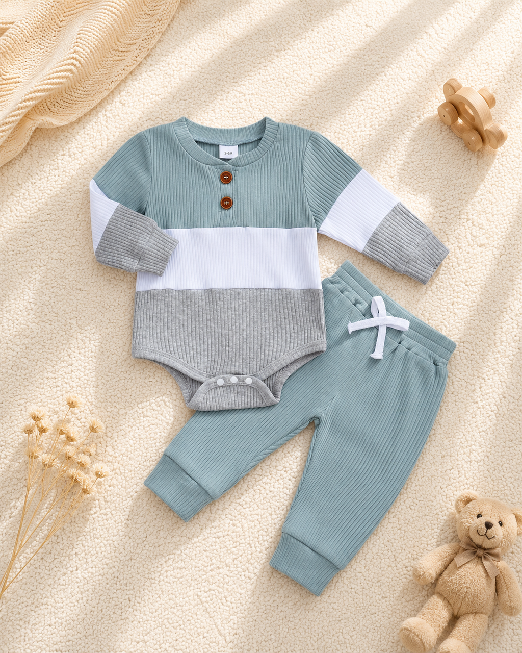 Ribbed Color Block Baby Romper Set
