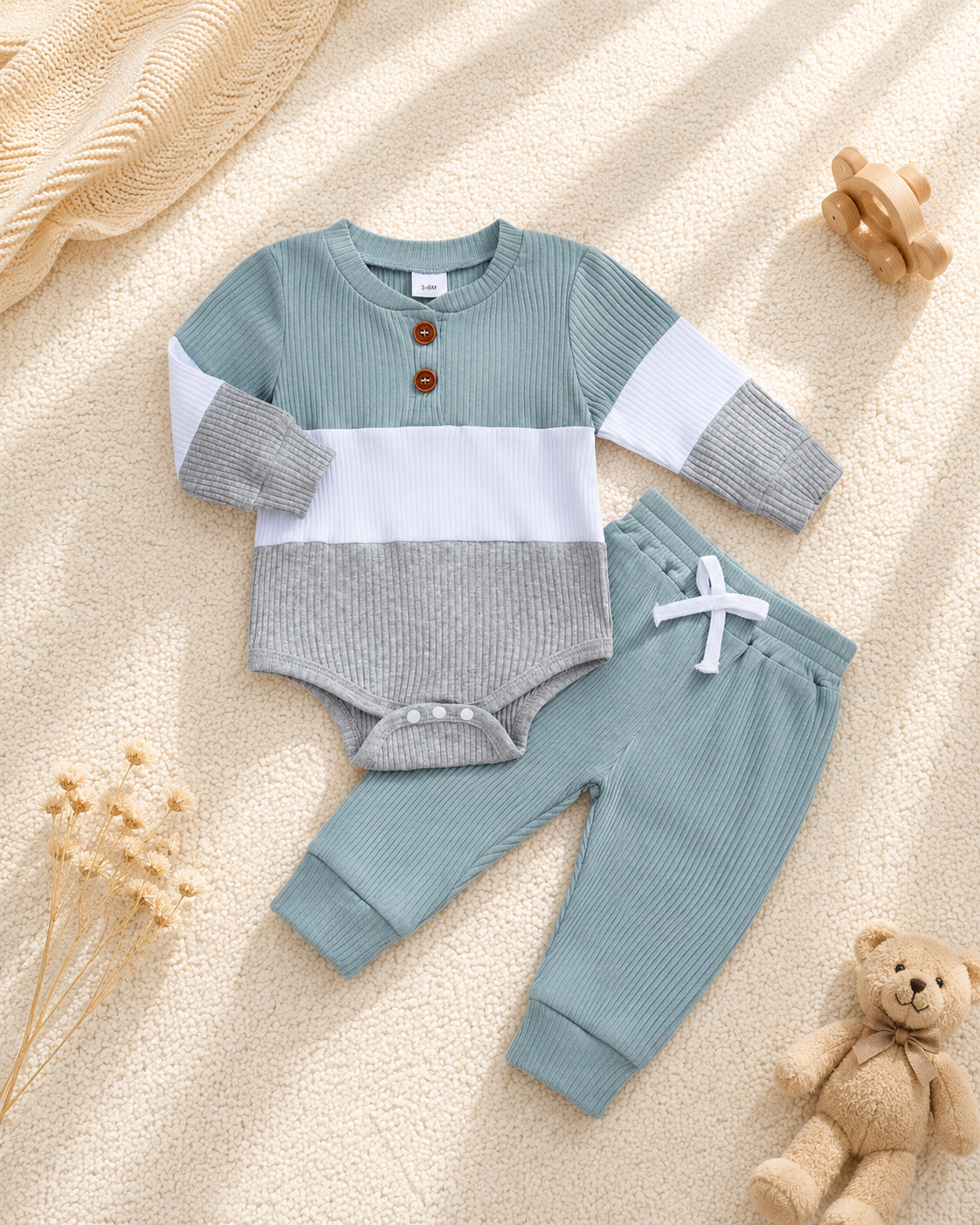 Ribbed Color Block Baby Romper Set