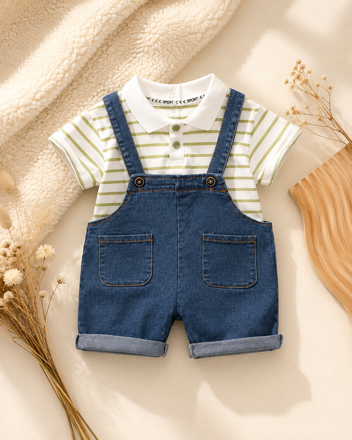 Baby Striped Polo Shirt & Denim Shortalls Set | Summer Outfit