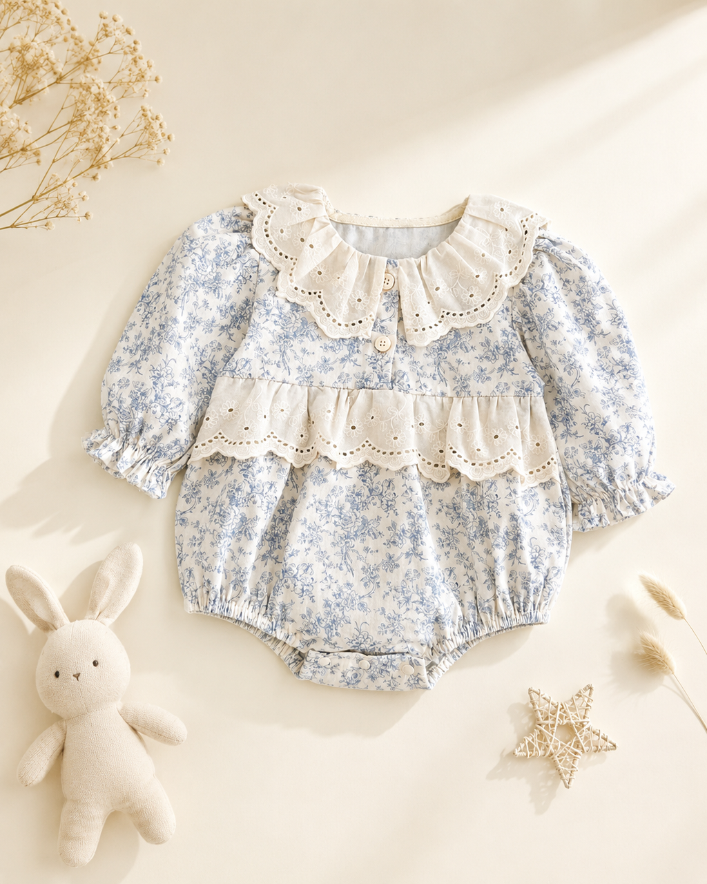 Blue Floral Lace Collar Baby Romper | Long Sleeve Cotton Bubble Romper