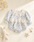 Blue Floral Lace Collar Baby Romper | Long Sleeve Cotton Bubble Romper