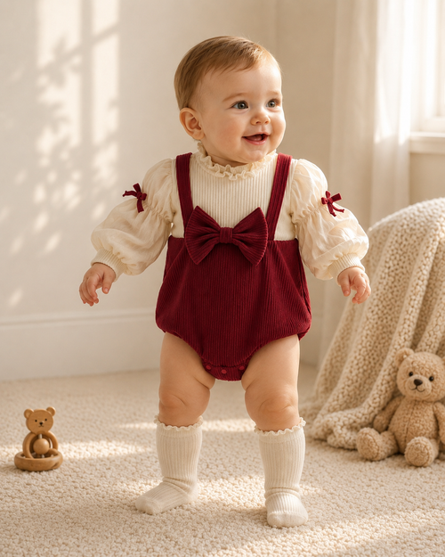 Burgundy Bow Corduroy Baby Girl Romper