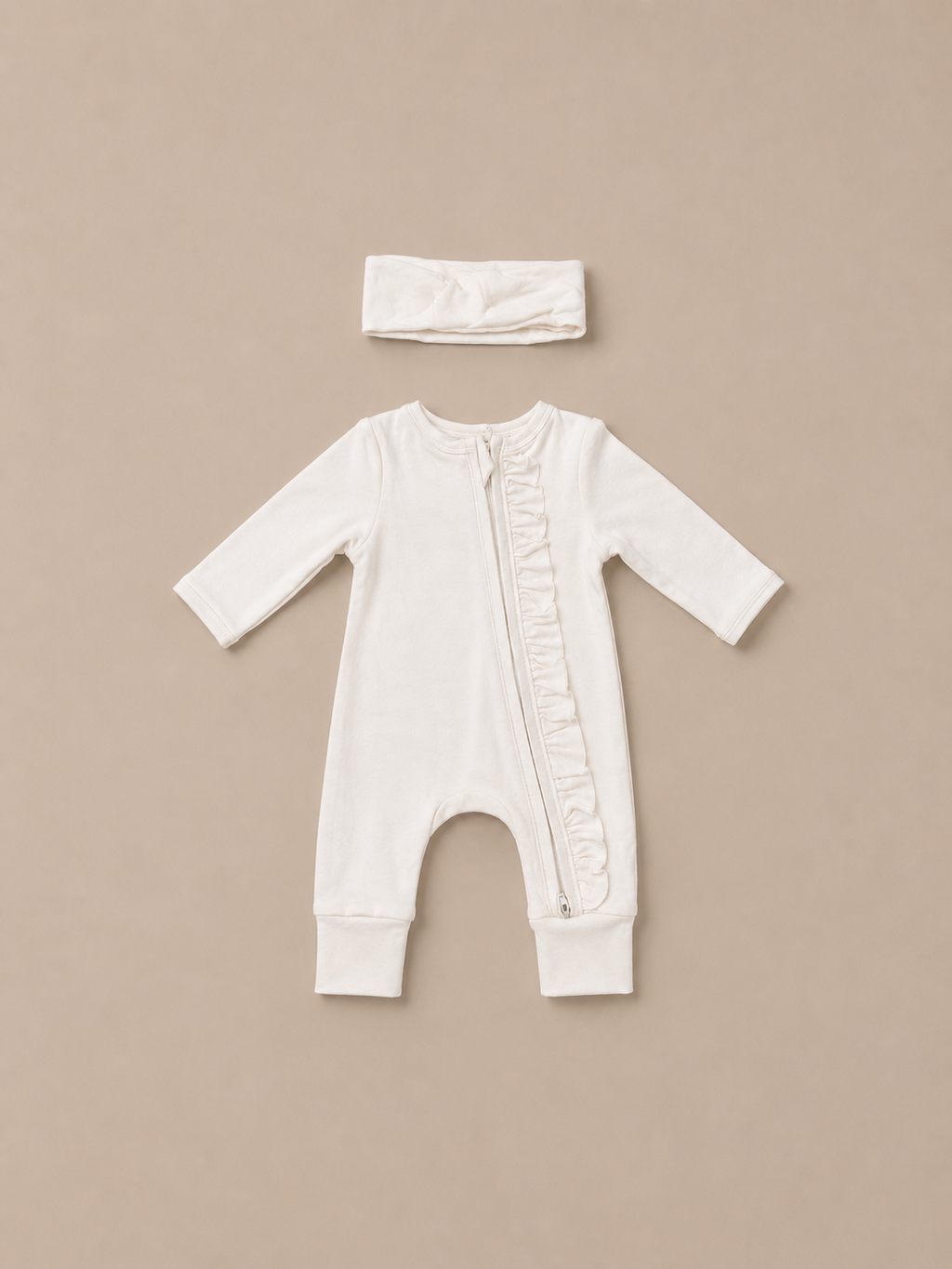 Ivory Ruffle Zip Romper & Bow Headband Set