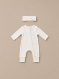 Ivory Ruffle Zip Romper & Bow Headband Set
