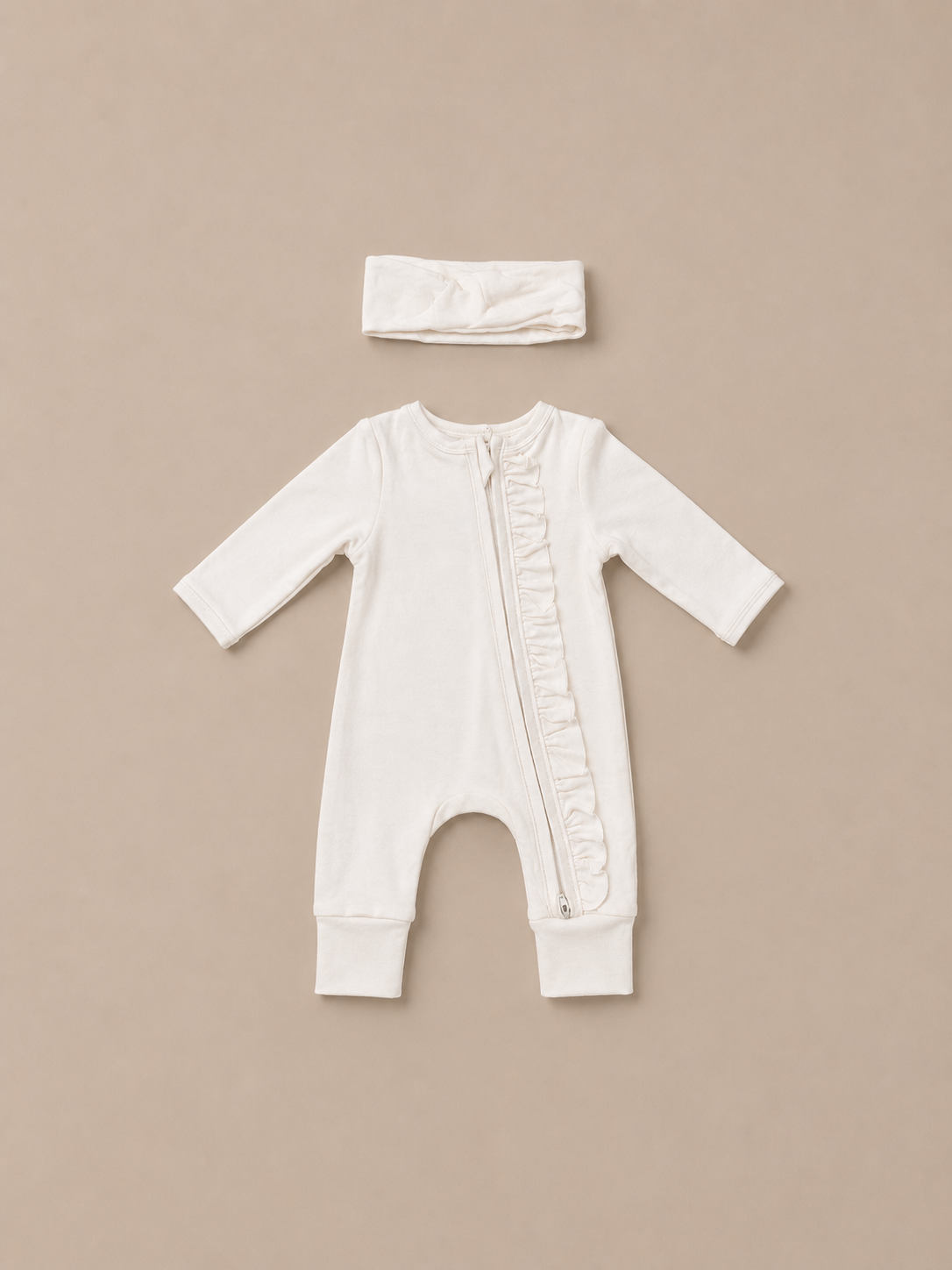 Ivory Ruffle Zip Romper & Bow Headband Set