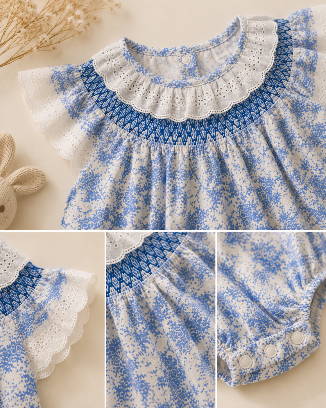 Blue Toile Lace Smocked Baby Romper