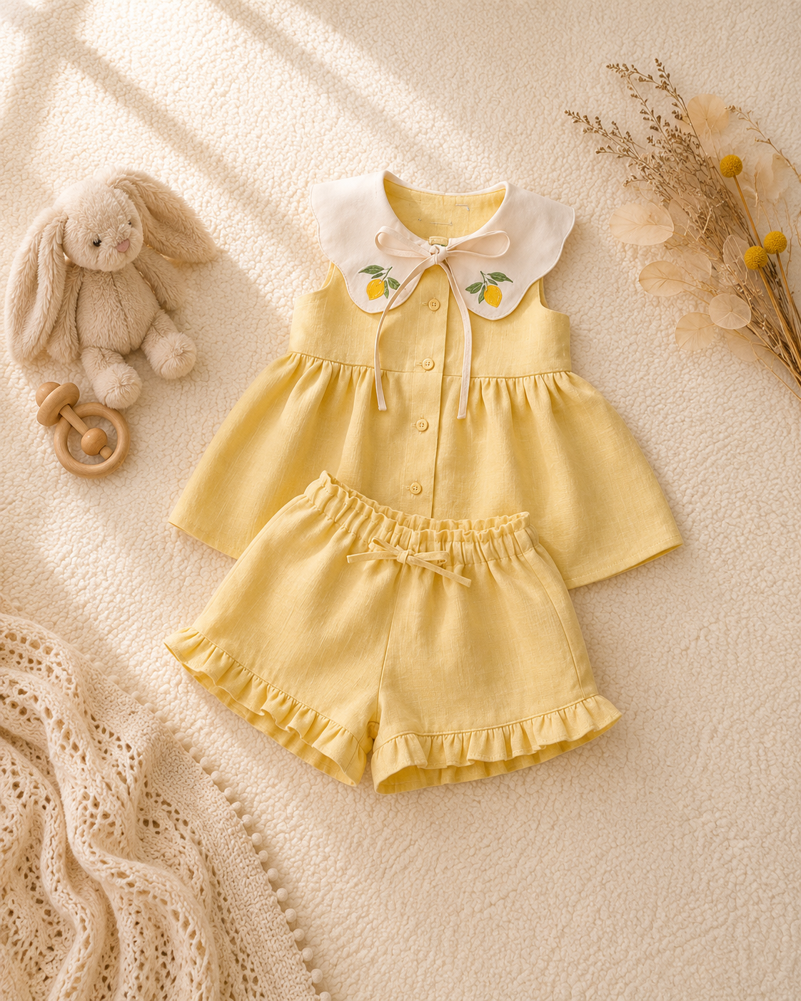 Lemon Embroidered Baby Dress & Shorts Set