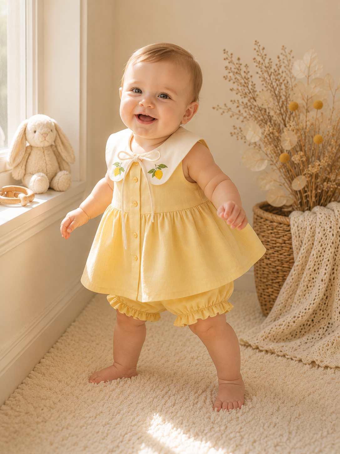Lemon Embroidered Baby Dress & Shorts Set