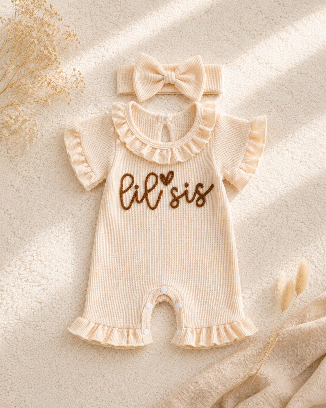Lil Sis Waffle Knit Ruffle Romper Set with Matching Headband