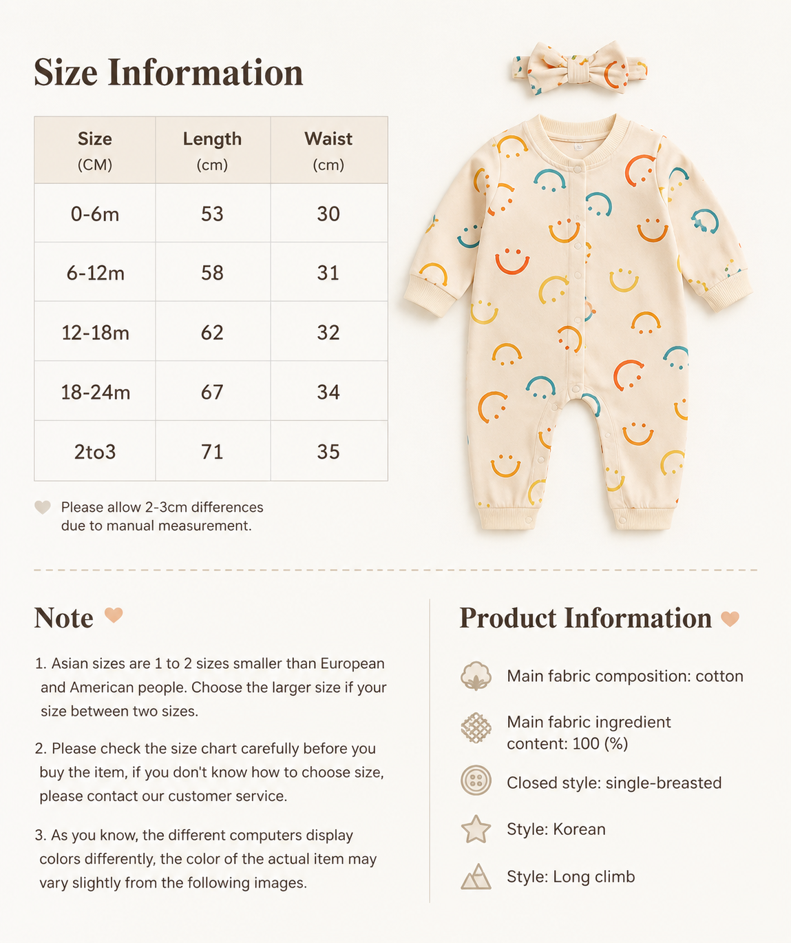 Smiley Print Baby Romper with Matching Headband | 100% Cotton Long Sleeve Jumpsuit