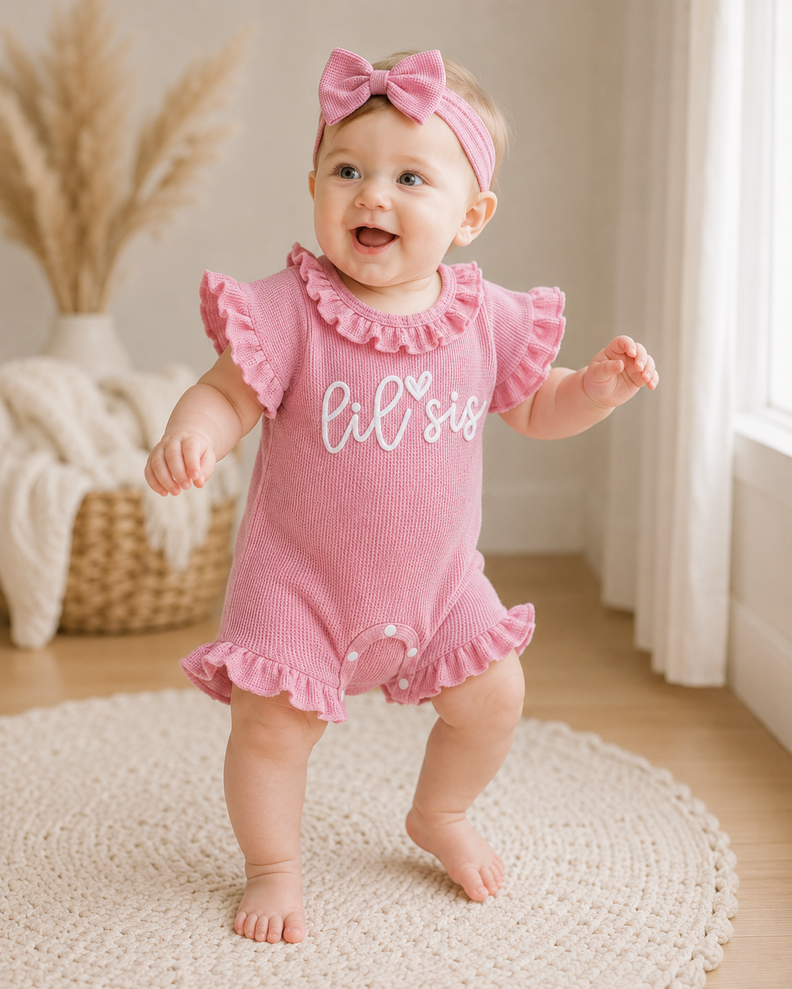 Lil Sis Waffle Knit Ruffle Romper Set with Matching Headband