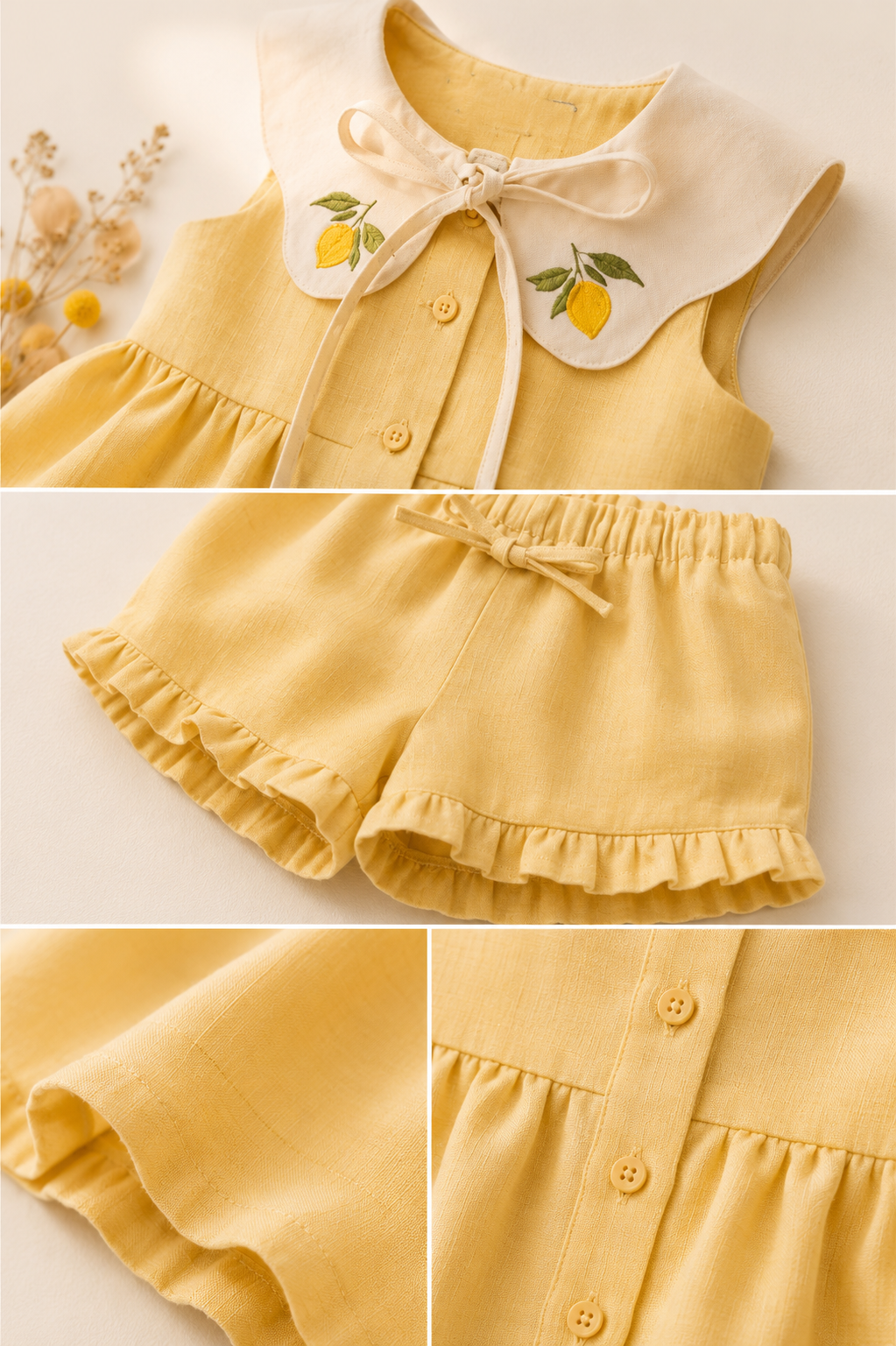 Lemon Embroidered Baby Dress & Shorts Set
