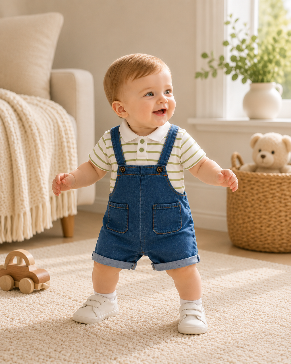 Baby Striped Polo Shirt & Denim Shortalls Set | Summer Outfit