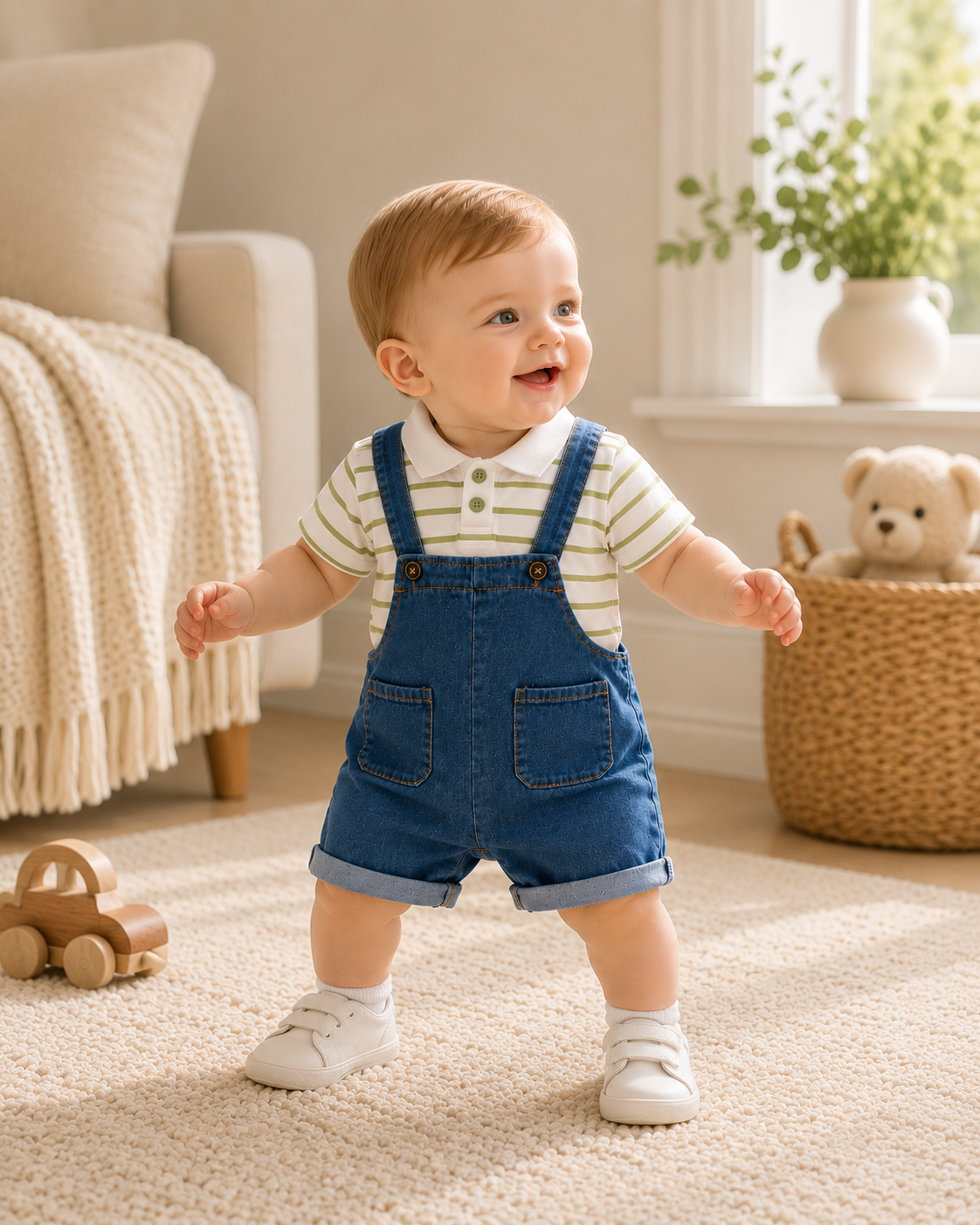 Baby Striped Polo Shirt & Denim Shortalls Set | Summer Outfit