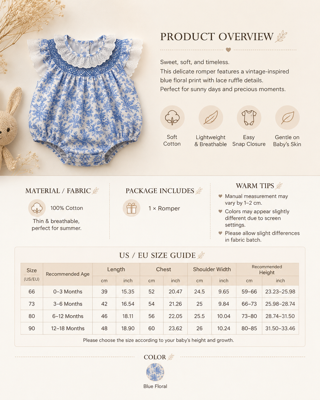 Blue Toile Lace Smocked Baby Romper