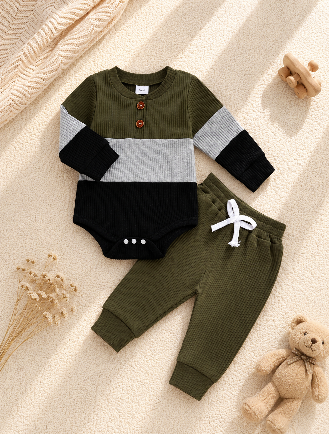 Ribbed Color Block Baby Romper Set